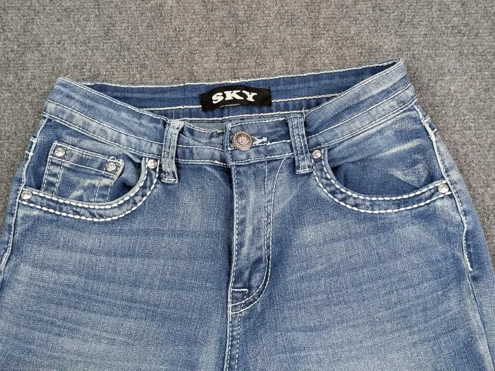 Sky Jeans Juniors 7/8 Blue Flare Low Rise Sparkle Butt Rhinestone Embroidered